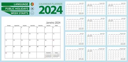 Português calendário planejador para 2024. Português linguagem, semana começa a partir de Domingo. vetor