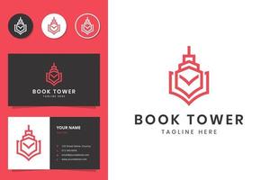 livro e design de logotipo de arte de linha de torre e cartão de visita vetor