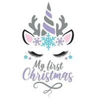 meu primeiro Natal vetor ilustração com fofa veado unicórnio face e flocos de neve. meninas Natal Projeto isolado Boa para natal saudações cartões, poster, imprimir, adesivo, convites, bebê