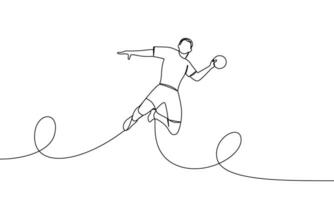 solteiro contínuo linha do handebol jogador pulando com a bola. tipo do esporte, handebol. 1 linha vetor ilustração, esboço