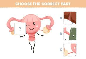 Educação jogos para crianças escolher a corrigir parte para completo uma fofa desenho animado útero cenário imprimível anatomia e órgão planilha vetor