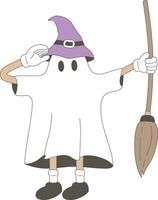 desenho animado retro groovy fantasma dia das Bruxas vassoura e bruxa chapéu vetor