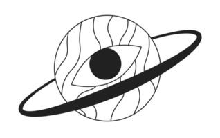 psicodélico globo ocular planeta com anel Preto e branco 2d desenho animado conceptual objeto. mistério esfera com olho isolado vetor esboço item. estrangeiro criatura anelado monocromático plano local ilustração conceito