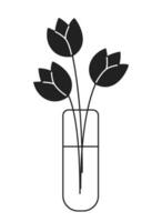 tulipas Primavera flores dentro vidro vaso Preto e branco 2d desenho animado objeto. florescendo plantas. primavera presente isolado vetor esboço item. mães dia celebração monocromático plano local ilustração