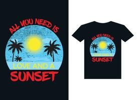 verão pôr do sol camiseta Projeto modelo vetor