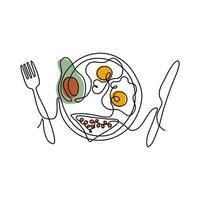simplificado imagem do saboroso refeição. café da manhã dentro linha arte estilo. preparado ovos, abacate, torrada em uma placa. esboço vetor ilustração.