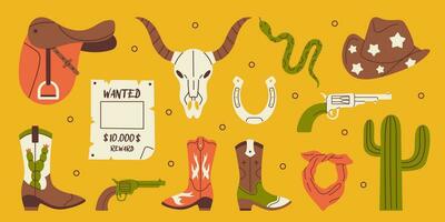 ocidental definir. retro coleção do vaqueiro botas, bandana, chapéu, pistola, cacto, ferradura, vaca crânio, selim, procurado poster e serpente. selvagem oeste e texas conceito. vetor