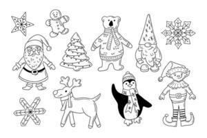 Natal tradicional personagens rabisco definir. esboço mão desenhado esboço Projeto Natal para coloração Páginas, adesivos, padronizar. Preto papai noel, rena, pinguim, gnomo, duende, polar urso, Pão de gengibre homem vetor