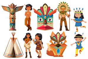 Índios nativos americanos e itens tradicionais vetor