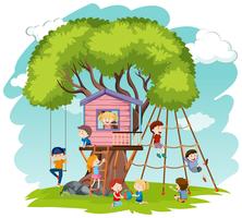Crianças, jogo, em, casa árvore vetor