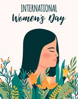 Dia Internacional da Mulher. Modelo de vetor com mulher e flores metis