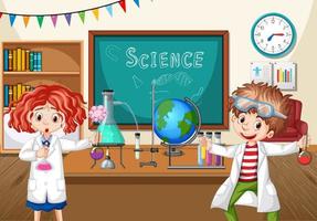 dois jovens cientistas fazendo experimentos de química em sala de aula vetor