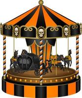 carrossel de halloween preto e laranja com cavalos pretos e carruagem velha vetor