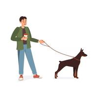 um homem com uma caneca de café e cachorro doberman. feliz dono do animal de estimação