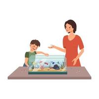 mãe e filho alimentam os peixes no aquário. felizes donos de animais vetor