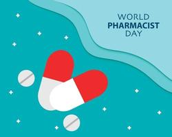 dia mundial do farmacêutico com medicamento no papel vetor