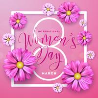 Projeto de cartão floral do dia das mulheres felizes. Ilustração internacional de férias feminino com Design de letra de flor e tipografia em fundo rosa vetor