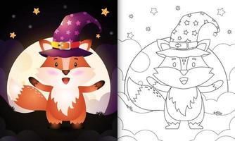 livro para colorir com um desenho bonito de Halloween bruxa raposa em frente à lua vetor