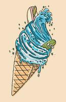 vetor ilustração do gelo creme cone com ondas, skate e prancha de surfe. surreal arte dentro uma despojado estilo. Projeto para impressões, decoração, adesivos e etc...