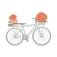 bicicleta, pilha do livros e vermelho rosas cesta. vetor ilustração. simples plano estilo.