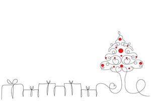 mão desenhado fino contínuo linha Natal árvore com corações e presente caixas símbolo vetor, 1 linha pinho abeto árvore alegre Natal amor placa minimalista esboço solteiro linha arte feriado cartões elementos vetor