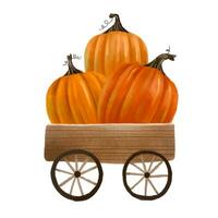de madeira carrinho com laranja abóboras. outono. ilustração para olá vetor