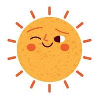 Sol personagem dentro fofa estilo, face com uma adesivo. brilho do sol com uma sorrir para crianças, rabiscado dentro uma feliz e Diversão caminho. plano vetor ilustrações isolado dentro fundo.