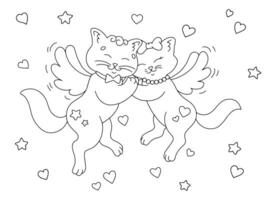 uma amoroso casal do gatos com asas. coloração livro página para crianças. desenho animado estilo personagem. vetor ilustração isolado em branco fundo. dia dos namorados dia.