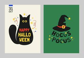 conjunto do dia das Bruxas cartões. vetor modelo para a feriado. engraçado gato e bruxa chapéu.