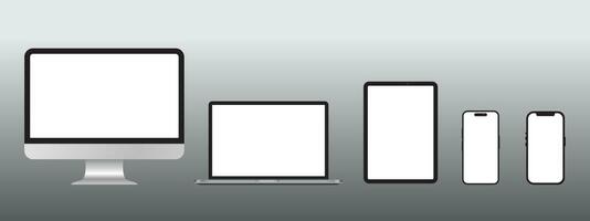 conjunto do computador, notebook, tablet e Smartphone Sombrio cinzento cor brincar com em branco tela isolado em cinzento fundo vetor