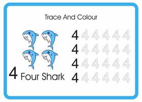 contagem de traços e tubarões coloridos número 4 vetor