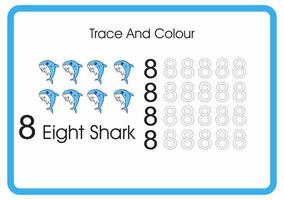 contagem de traços e tubarões coloridos número 8 vetor