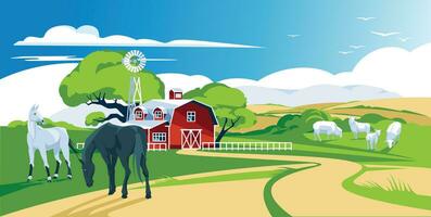 uma Visão do uma Fazenda dentro a meio do uma verde Prado. agricultura e colheita. animais de estimação. ovelha e cavalos. vetor plano ilustração