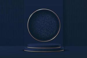 Pódio do cilindro 3d azul escuro abstrato com círculo dourado e glitter vetor