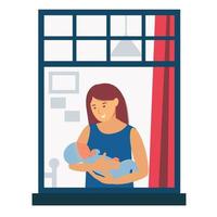 maternidade. mulher com um bebê nos braços perto da janela. amamentação vetor