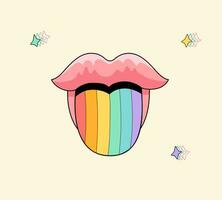 retro lgbt lábios, meio aberto boca, arco Iris língua degola fora. vintage groovy Rosa lábios, boca com lgbt bandeira em língua. pop arte estilo ilustração. vetor desenho animado ilustração.