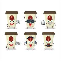 café leite copo desenho animado personagem estão jogando jogos com vários fofa emoticons vetor