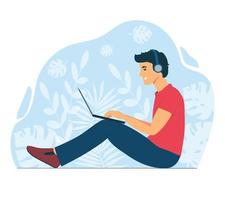 um homem trabalha com um laptop. freelancer no trabalho remotamente. conversando vetor