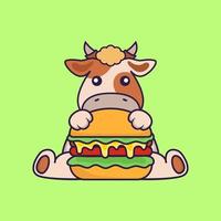 vaca fofa comendo hambúrguer. vetor