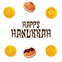 feliz hanukkah bandeira com moedas e tradicional rosquinhas vetor