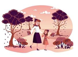 mãe e filha caminhando juntas em cena isolada de parque de outono vetor