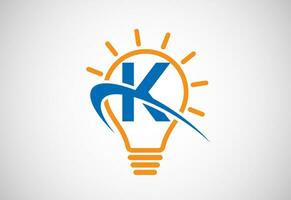 Inglês alfabeto k com luz lâmpada e swoosh. elétrico lâmpada logotipo vetor modelo. eletricidade logotipo