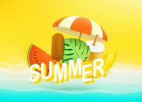 banner de verão com frutas tropicais e coisas de praia vetor