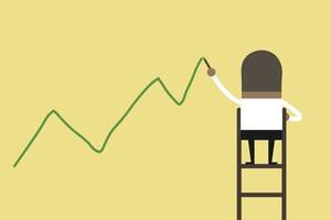 empresário africano em pé na escada, desenhando o gráfico de crescimento na parede. vetor