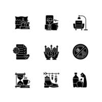 ícones de glifo preto de estilo de vida moderno e saúde definidos no espaço em branco vetor