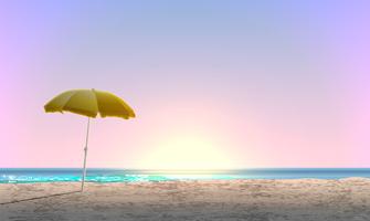 Paisagem realista de uma praia com pôr do sol / nascer do sol e um guarda-sol amarelo, ilustração vetorial vetor