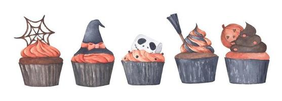 variedade de cupcakes de halloween. ilustração em aquarela. vetor