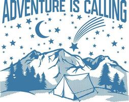 aventura é chamando. montanha panorama com estrelado noite, floresta e barraca. vetor ilustração.