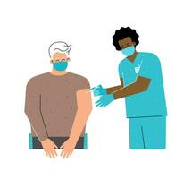 vetor isolado plano conceito ilustrado coronavírus cobiçado 19 vacinação. africano americano enfermeira detém seringa, dá antiviral injeção com droga para velho cara. imunização contra sars cov