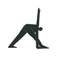 vetor isolado ilustração com plano Preto silhueta do fêmea personagem. esportivo mulher aprende ioga postura parivrtta trikonasana. ginástica exercício - girou triângulo pose. minimalista Projeto